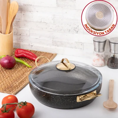 Evren 26 Cm Gold Stone İndüksiyon Tabanlı Güveç Basık Tencere 2,8 Lt (Gold Çelik Kulp)
